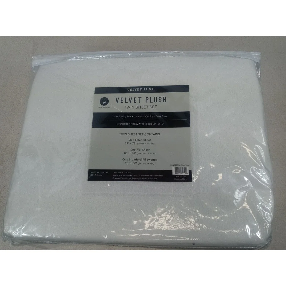 Twin Sheet Set White Velvet Plush Extra Soft Velvet Luxe Sheets Great Bay‎ Home